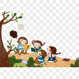 大树下读书蜡笔水彩儿童插画图片