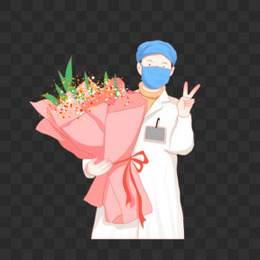 白衣天使之送别患者拿着花拍照的护士