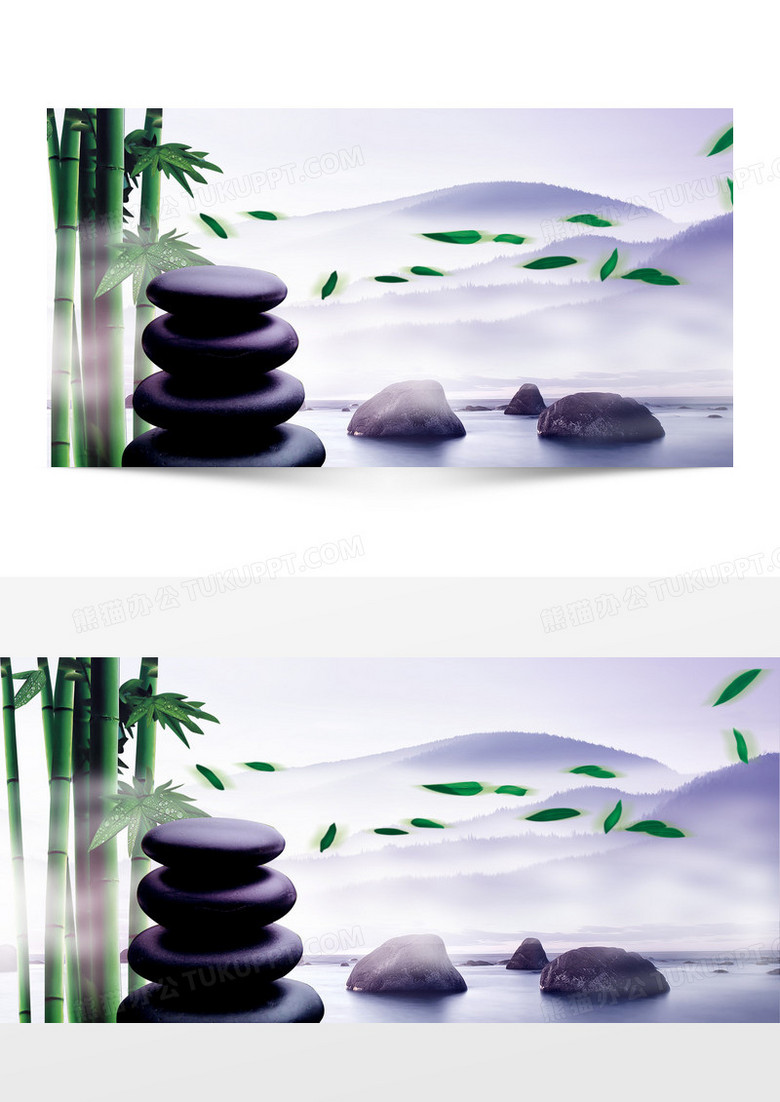 竹杠竹葉石頭云霧背景banner