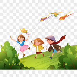手绘卡通小朋友在草地上放风筝免抠元素