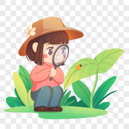 卡通手绘女孩放大镜观察昆虫植物场景元素