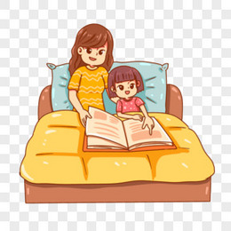 卡通手绘母女睡前阅读亲子阅读场景素材
