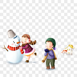 下雪玩耍的儿童和雪人插画