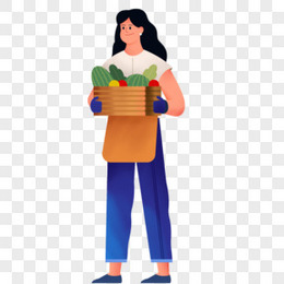 手绘女人抱一筐蔬菜水果免抠元素
