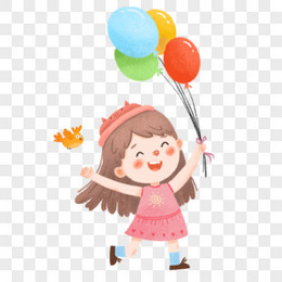 卡通手绘女孩开心的拿气球免抠元素