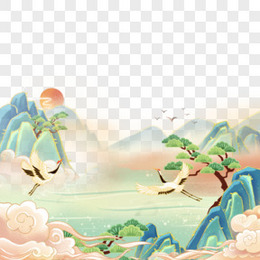 手绘国潮风景山水免抠插画元素