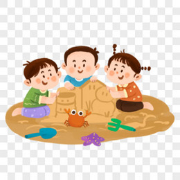 卡通三个小孩子一起玩沙子元素