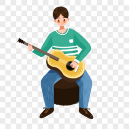 卡通手绘免抠坐着弹吉他的男孩素材
