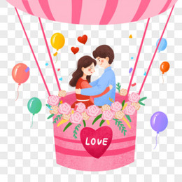 手绘卡通浪漫温馨情侣在热气球谈恋爱免抠元素