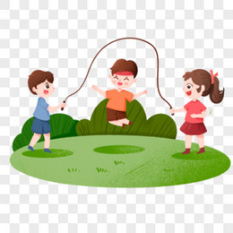 卡通三个小孩在草地上跳长绳免抠元素