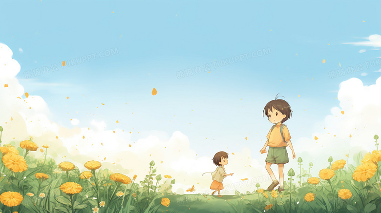 漫步在花丛中的小女孩插画