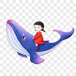 手绘女孩骑在鲸鱼上唯美插画元素
