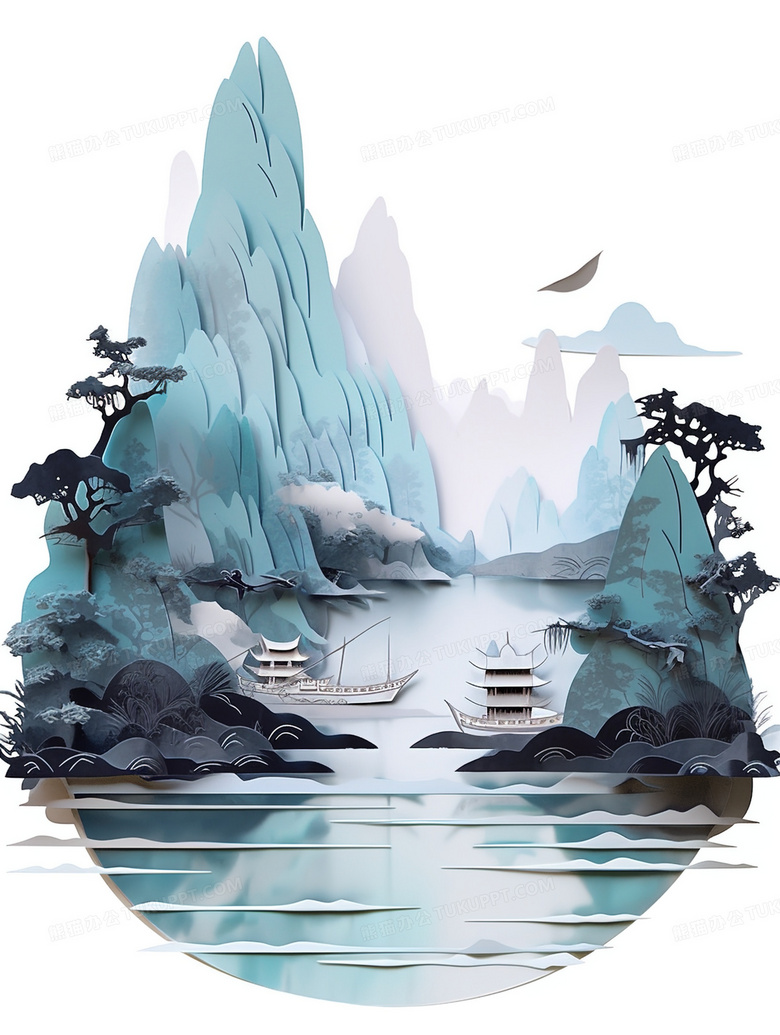 中国风立体浮雕建筑山水风景插画