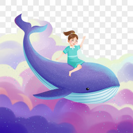手绘小孩骑在鲸鱼身上插画元素