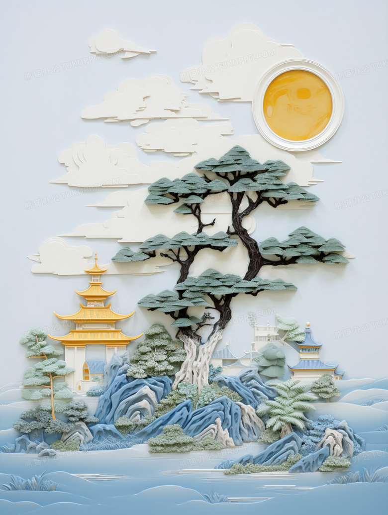 中国风立体浮雕古典山水建筑风景插画