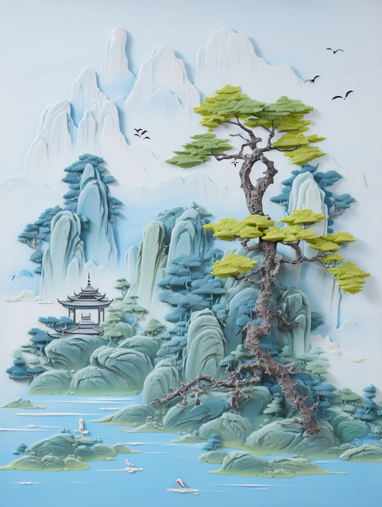 中国风立体浮雕古典山水建筑风景插画