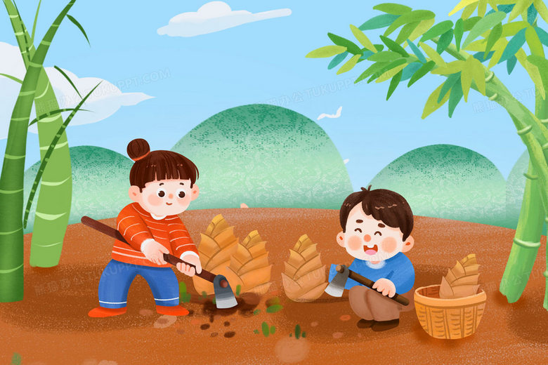 春天两个小朋友挖竹笋插画