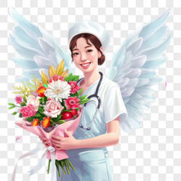 白衣天使护士抱着一束鲜花开心的笑卡通元素