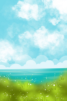 绿色草地蓝天白云大海手绘插画背景素材