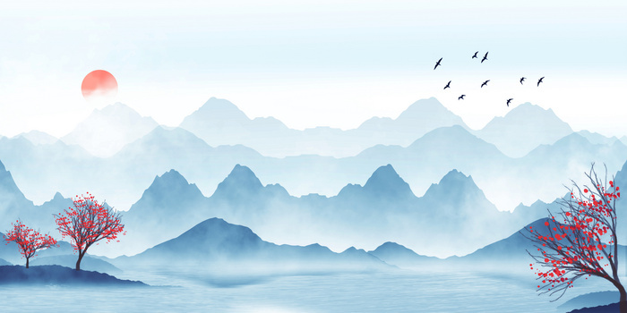 蓝色清新中国风水墨山水风景画背景