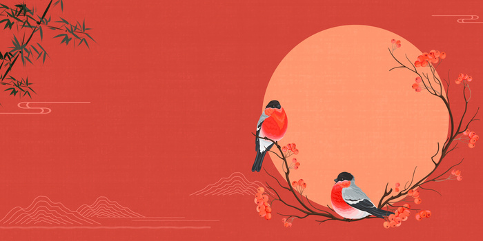 红色复古中国风工笔画花鸟背景