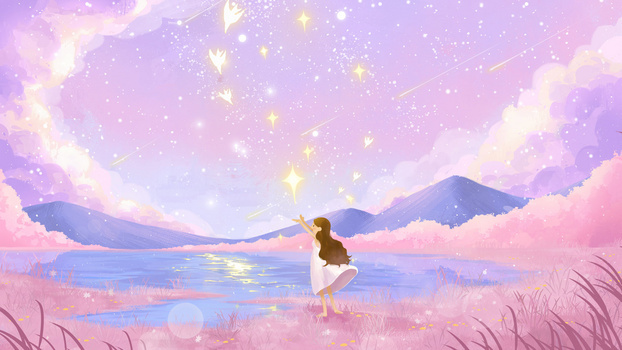 粉紫色唯美梦幻小女孩收集星光插画