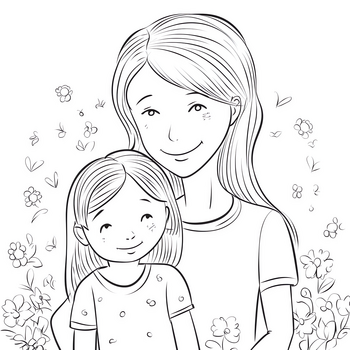 素描风妈妈和女儿站在花海中插画