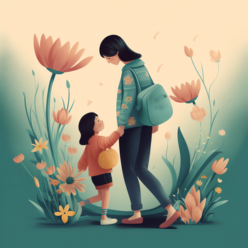 妈妈和女儿牵手走在花丛里
