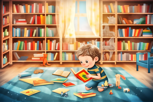 卡通风小男孩在书房认真阅读插图