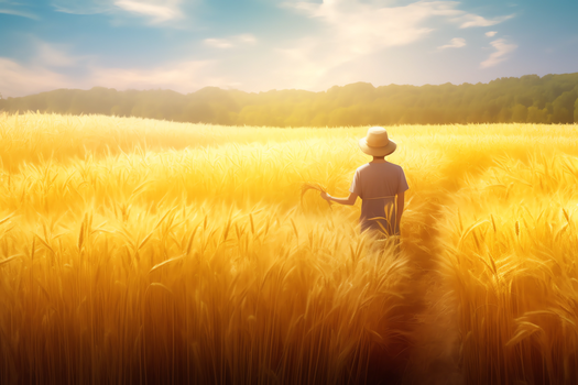 戴着草帽在麦田观察小麦的农民背影