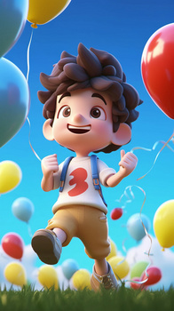 可爱的小男孩拿着彩色的气球开心的走在草坪上