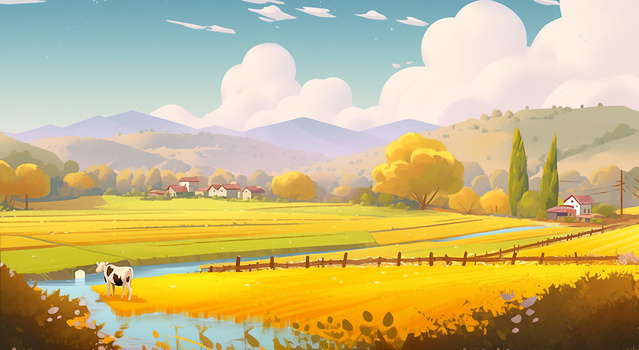 金色秋天郊外农庄唯美自然风光创意插画