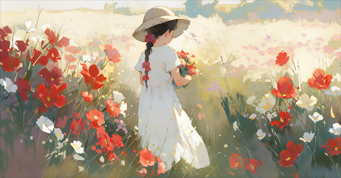 花丛中美丽的小女孩手捧鲜花