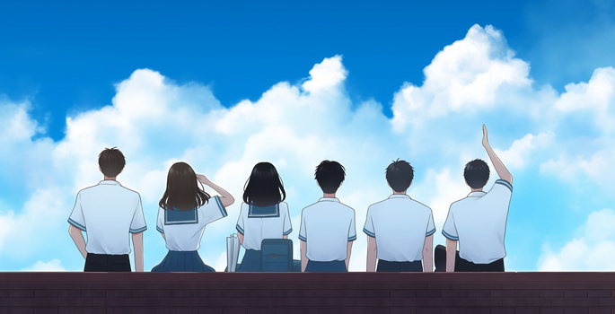 毕业季几个穿着校服的学生坐在天台眺望天空创意插画