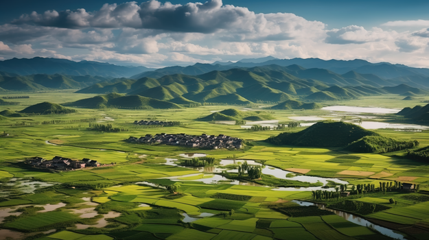 平原绿色农田和村庄山水风景图片