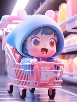 3D立体购物车中的卡通小女孩人物插画