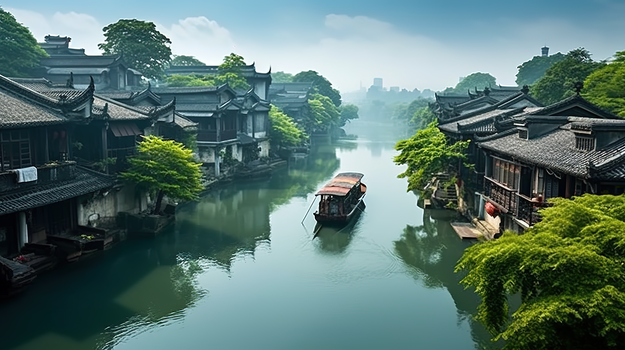 江南古镇幽静唯美的河流风景图片