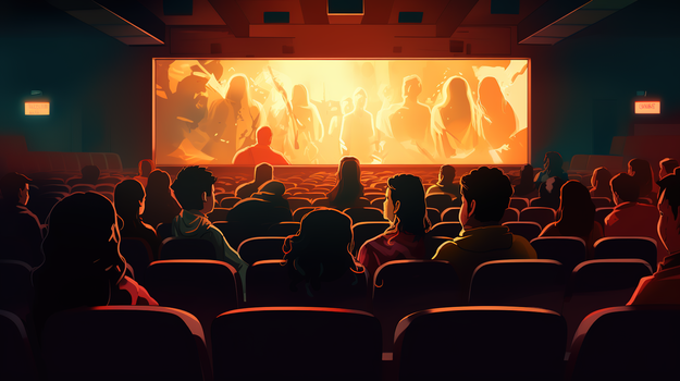 电影院坐满了看电影的观众场景特写插画