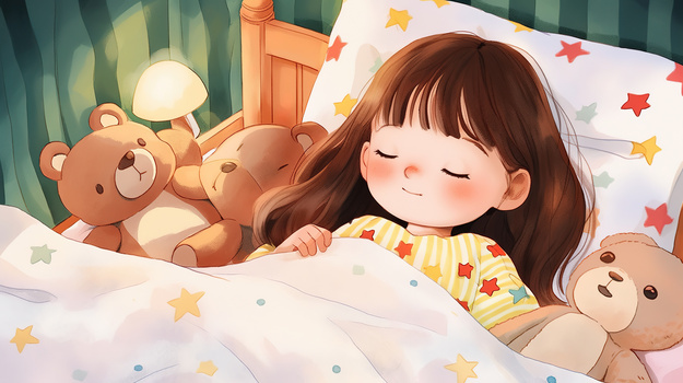 卡通风玩具小熊相伴入眠的小女孩