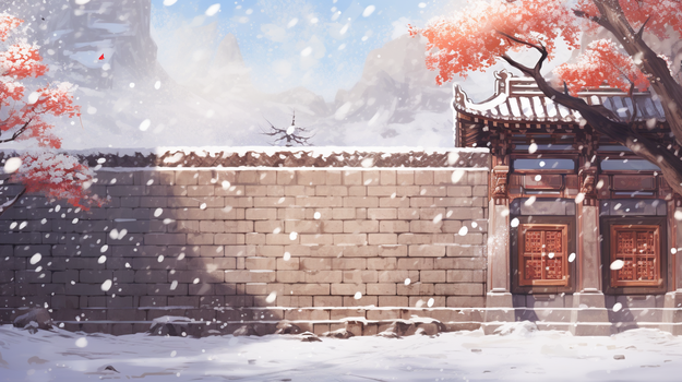 中国风建筑冬天雪景唯美古风插画