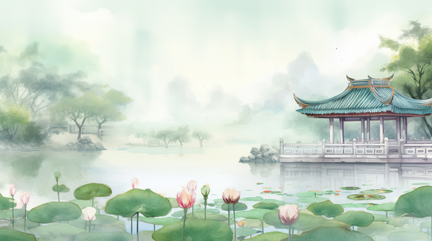 中国风水墨画夏日荷塘湖景和古典凉亭