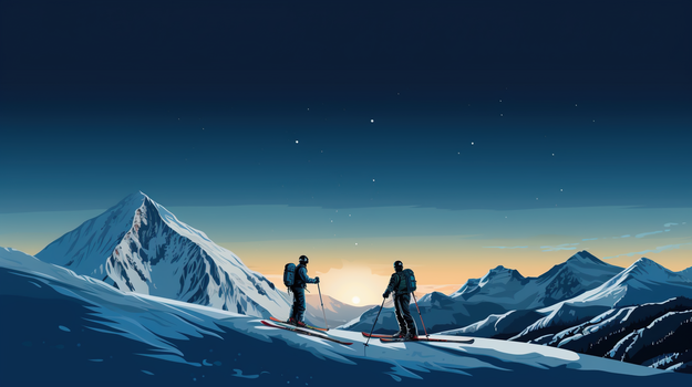 冬天爬雪山雪景风景下雪人物登山滑雪插画
