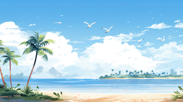 蓝色处暑海边度假休闲插画