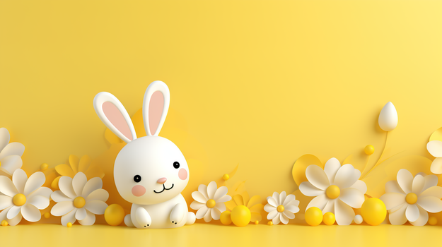 金黄色花朵中的小白兔可爱卡通插画