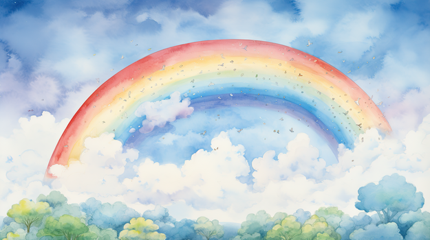 小清新天空上美丽的彩虹创意水彩插画