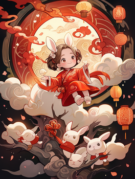 中国风坐在月亮树枝云朵上玉兔小女孩插画