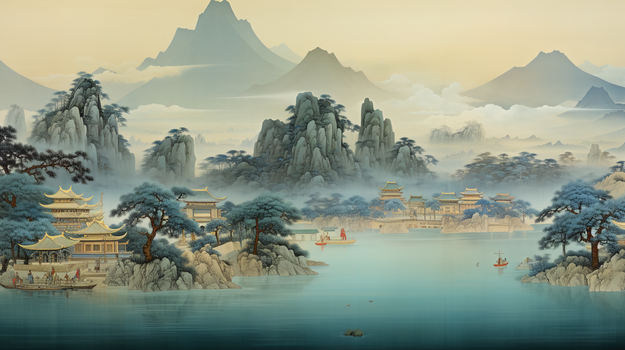 秋季传统古典中国风山水风景插画