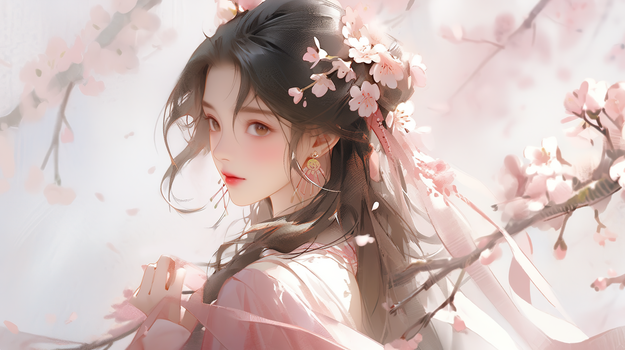 唯美古风美女粉色桃花春日少女创意插画