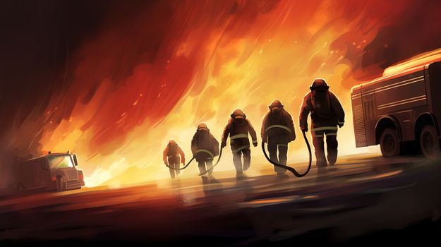 火灾现场逆行灭火的救援人员插画