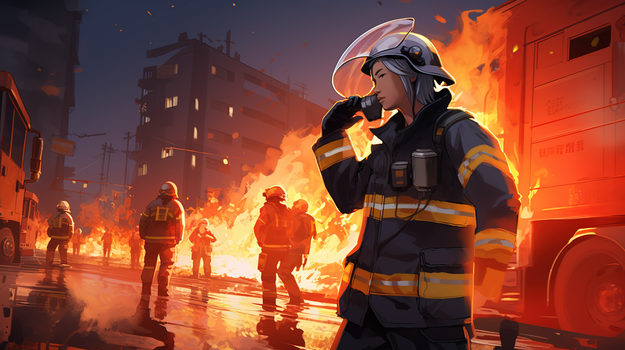 火灾现场逆行灭火的救援队员插画